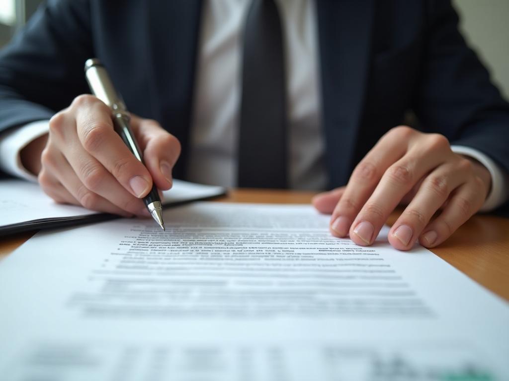 Person holding a pen over a document on a desk
